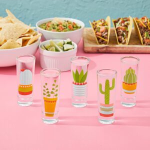 BLUE PANDA 5 Pack Shot Glasses Set with Cactus Designs for Bachelorette, Fiesta Supplies, Western-Themed Party, Round, Decorative Shot Glasses with Heavy Base for Tequila, Whiskey, Vodka (2 oz)