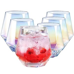 goldarea wine glasses set of 6 (10oz), stemless wine glass for red and white wine, diamond shaped iridescent glassware for whiskey, cocktail, gift for anniversary, wedding, housewarming