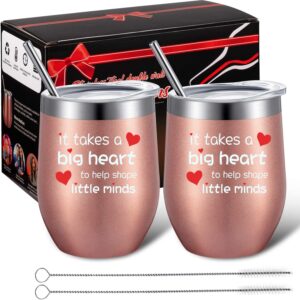 2 pack funny teacher appreciation present, it takes a big heart to shape little minds, 12oz double wall vacuum teacher cup with lid straw, wine glasses tumbler with pretty box for teacher (rose gold)