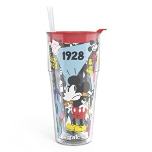 zak designs disney insulated plastic tumbler with press-in lid and straw, made with durable and non-bpa material for travel cold drinks (16 oz, mickey mouse)