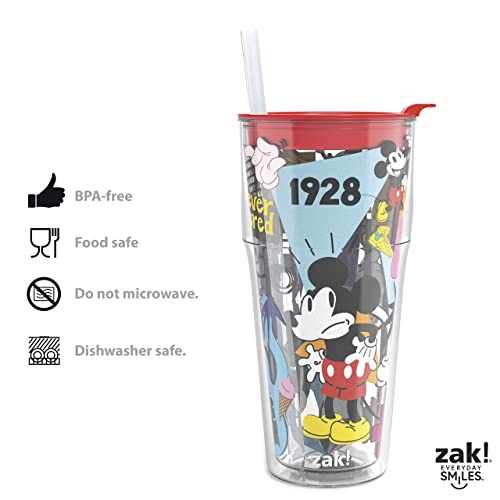 Zak Designs Disney Insulated Plastic Tumbler with Press-In Lid and Straw, Made with Durable and Non-BPA Material for Travel Cold Drinks (16 oz, Mickey Mouse)