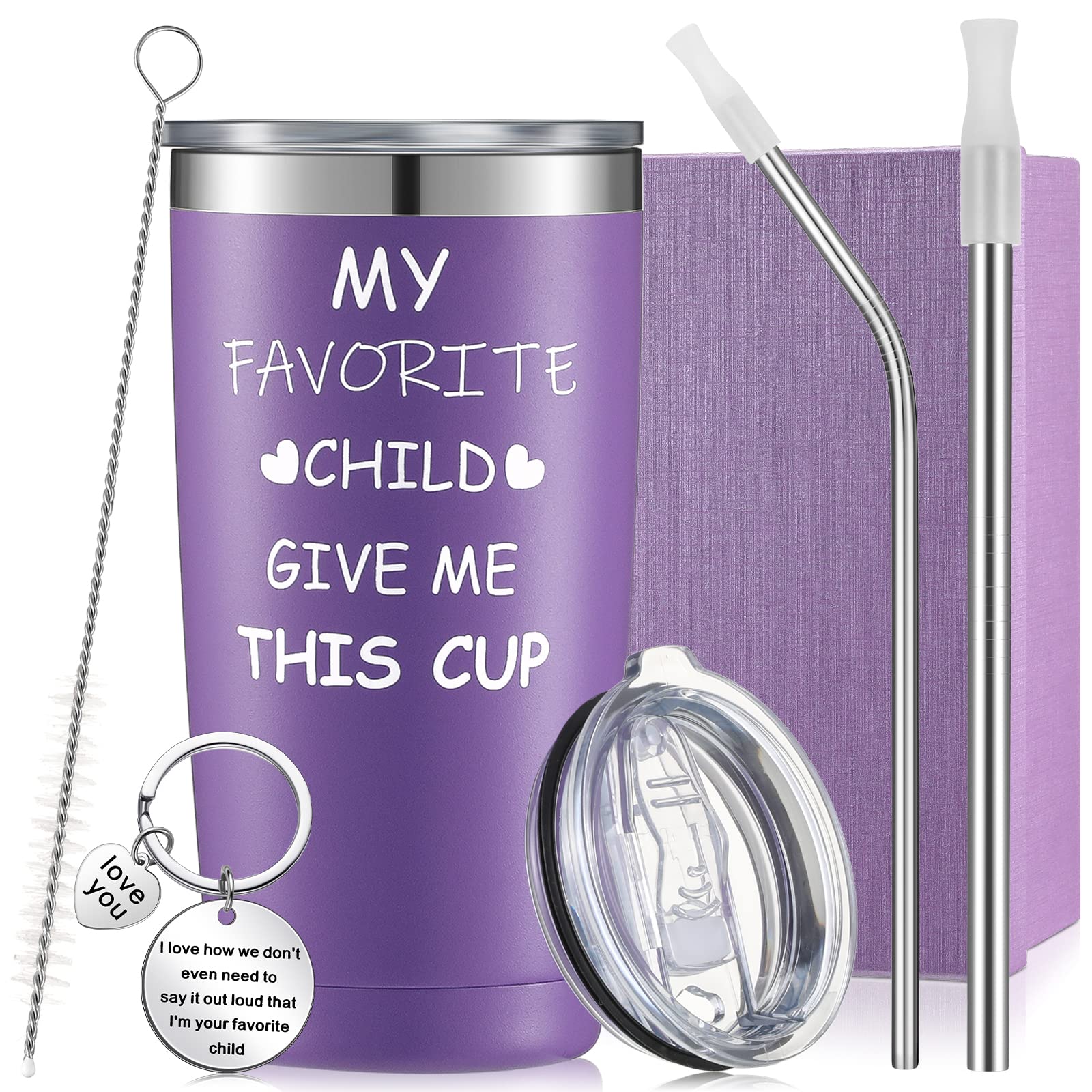 Panitay 7 Pcs Funny Mother's Day Gifts for Mom 20 oz My Favorite Child Give Me Travel Tumbler with Lid Straw Brush Inspirational Mother Keychain Gift Box from Daughter Son (Purple)