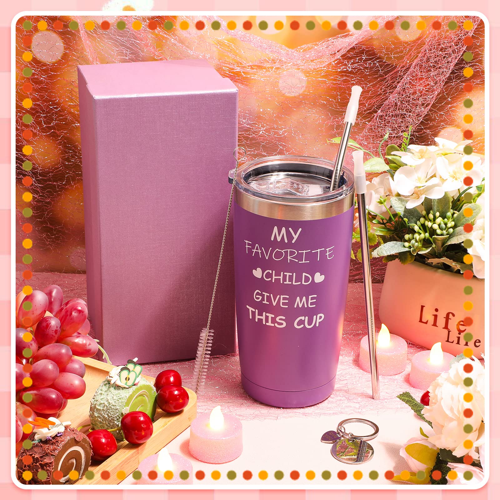 Panitay 7 Pcs Funny Mother's Day Gifts for Mom 20 oz My Favorite Child Give Me Travel Tumbler with Lid Straw Brush Inspirational Mother Keychain Gift Box from Daughter Son (Purple)