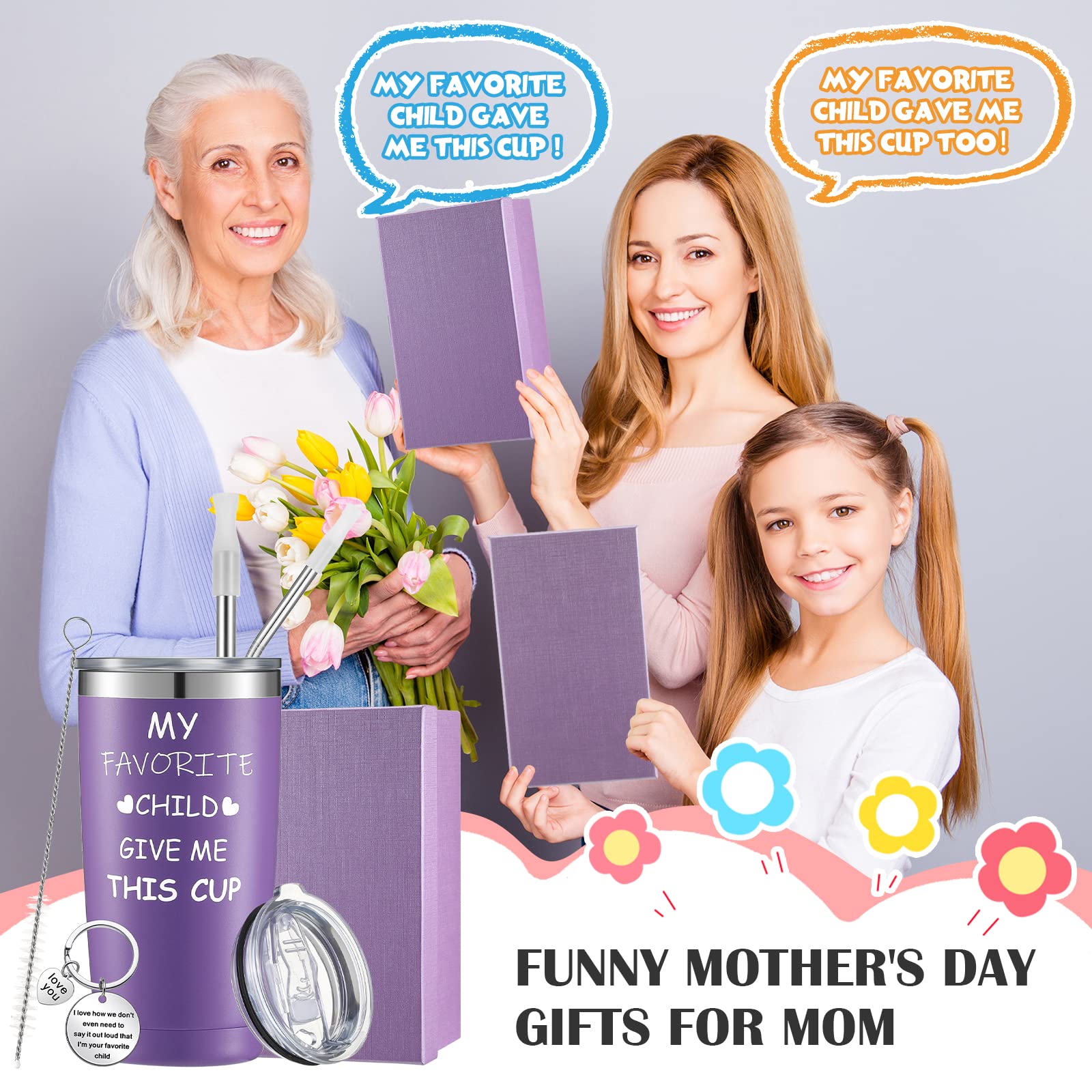 Panitay 7 Pcs Funny Mother's Day Gifts for Mom 20 oz My Favorite Child Give Me Travel Tumbler with Lid Straw Brush Inspirational Mother Keychain Gift Box from Daughter Son (Purple)