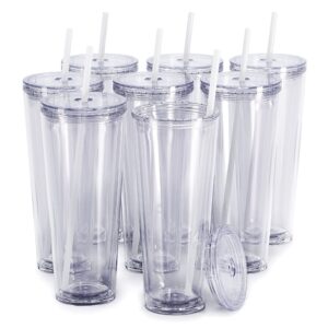 maars classic acrylic tumbler with lid and straw | 24oz premium insulated double wall plastic reusable cups - clear, 8 pack