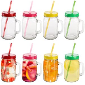 suwimut 8 pack glass mason jar cups with lid and straw, 16 oz wide mouth reusable mason jar drinking glasses with handle, old fashioned large clear tumbler mugs for juice, smoothie, kombucha, tea