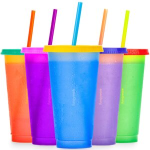 color changing cups with lids and straws for adults - 5 x 24oz reusable cups with lids and straws, bulk plastic cups with lids and straws for kids, cold iced coffee cups & women water party tumbler