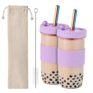 amyoole 2 pack reusable boba cup,24oz wide mouth smoothie cup,mason jar glass cups with lids and straws,bubble/boba tea cups,ice coffee tumbler 2 colored straws 1 sponge brush(purple)