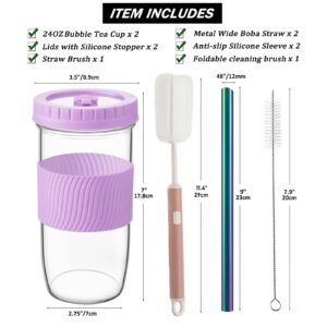 Amyoole 2 Pack Reusable Boba Cup,24Oz Wide Mouth Smoothie Cup,mason Jar Glass Cups with Lids and Straws,Bubble/Boba Tea Cups,Ice Coffee Tumbler 2 colored straws 1 sponge brush(Purple)