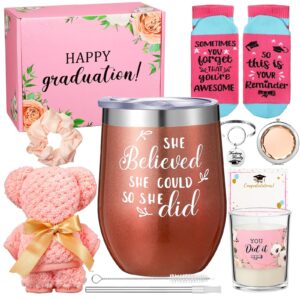 teling graduation gifts for her graduation gift basket set includes coffee mug, bracelet, keychain, candle, towel, socks, scrunchie, mirror candle card for senior college graduation party (pink)
