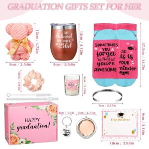 Teling Graduation Gifts for Her Graduation Gift Basket Set Includes Coffee Mug, Bracelet, Keychain, Candle, Towel, Socks, Scrunchie, Mirror Candle Card for Senior College Graduation Party (Pink)