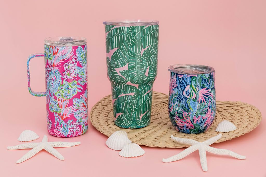 Lilly Pulitzer 16 Oz Travel Mug with Handle and Lid, Stainless Steel Insulated Coffee Tumbler, Double Wall Metal Cup, Seaing Things