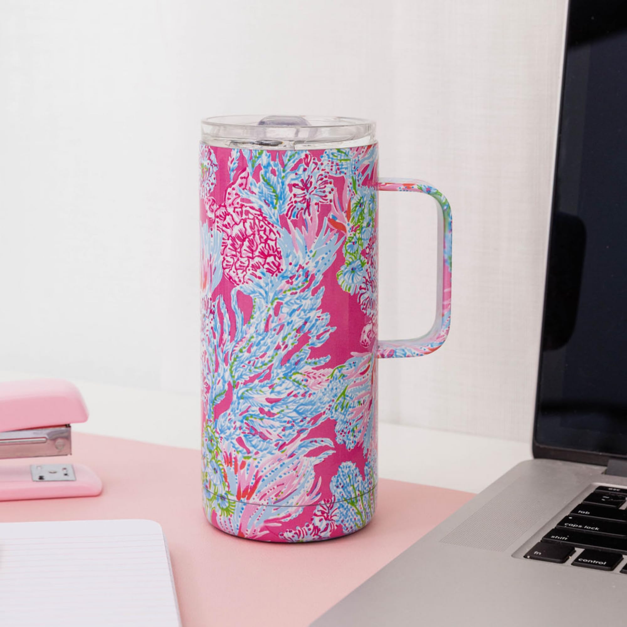 Lilly Pulitzer 16 Oz Travel Mug with Handle and Lid, Stainless Steel Insulated Coffee Tumbler, Double Wall Metal Cup, Seaing Things