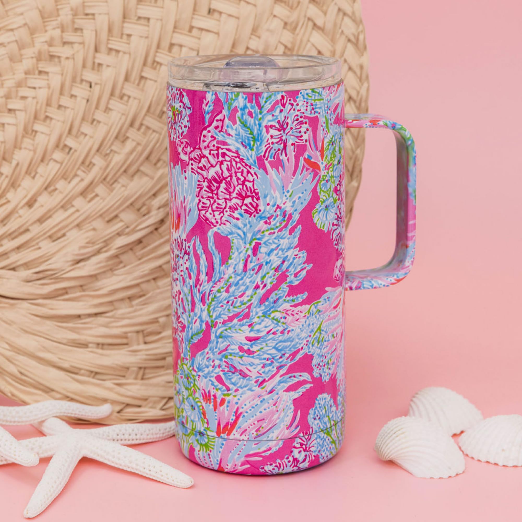 Lilly Pulitzer 16 Oz Travel Mug with Handle and Lid, Stainless Steel Insulated Coffee Tumbler, Double Wall Metal Cup, Seaing Things