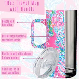 Lilly Pulitzer 16 Oz Travel Mug with Handle and Lid, Stainless Steel Insulated Coffee Tumbler, Double Wall Metal Cup, Seaing Things