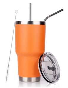 dynamic se 30oz tumbler double wall stainless steel vacuum insulated travel mug with splash-proof lid metal straw and brush (orange)