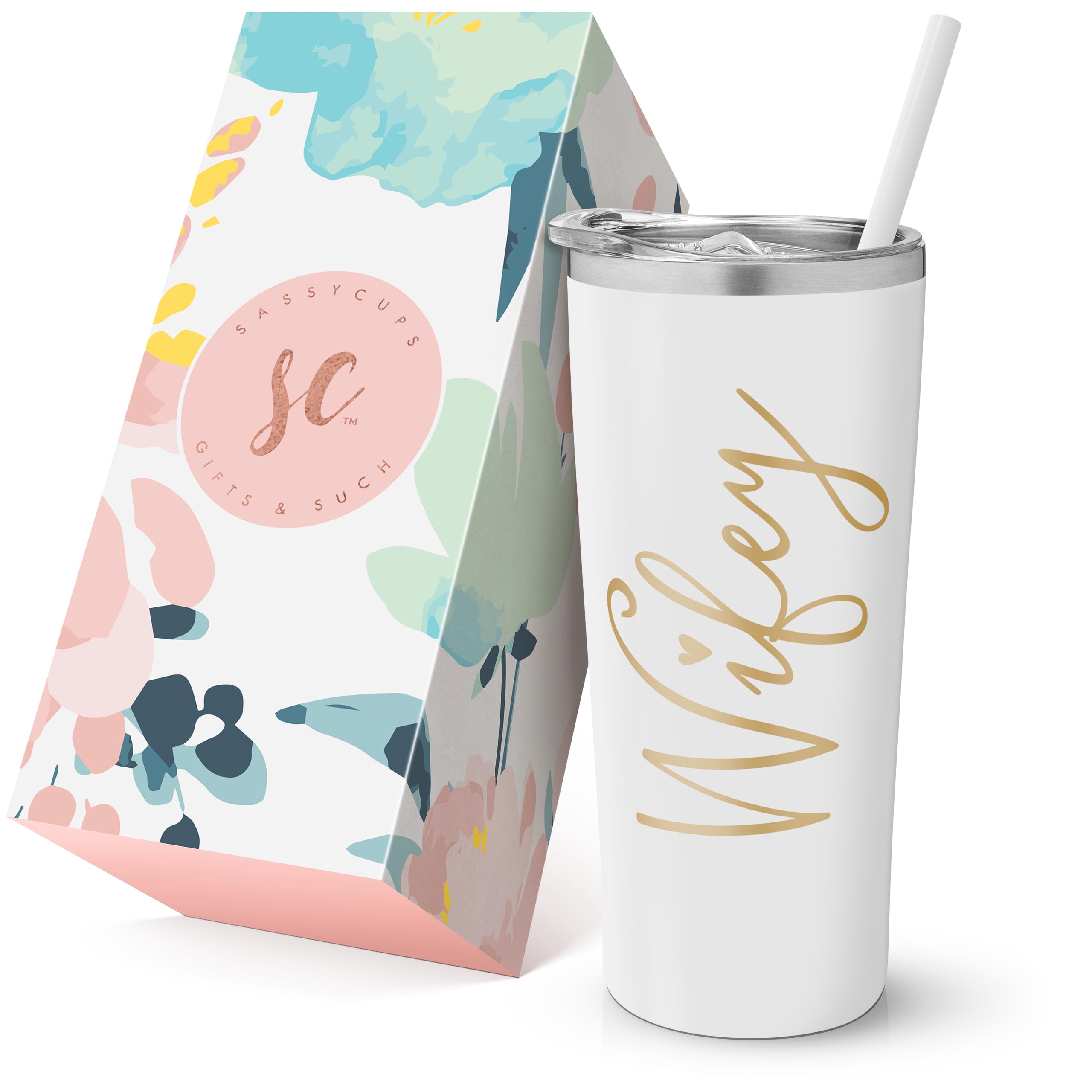 Wifey Tumbler | 22 Ounce White with Gold Foil Stainless Steel Insulated Tumbler with Slide Close Lid and Straw | Bridal Shower Gifts| Bride Tumbler | Engagement Gifts | Wife Anniversary