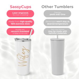 Wifey Tumbler | 22 Ounce White with Gold Foil Stainless Steel Insulated Tumbler with Slide Close Lid and Straw | Bridal Shower Gifts| Bride Tumbler | Engagement Gifts | Wife Anniversary