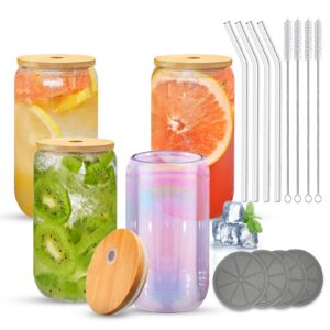 rowellsoul glasses with bamboo lids and clear straws, 4 pack 16oz beer glasses,cute tumbler cup iced coffee mug, iced coke mug, soda, milk tea，gift - 4 cleaning brushes and 4 coasters