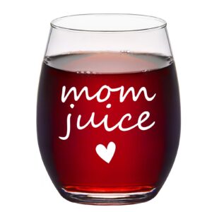 mom juice stemless wine glass, mom gifts for mom new mom women wife mom to be friends birthday christmas mother's day valentine’s day from daughter son, funny 15oz mom wine glass