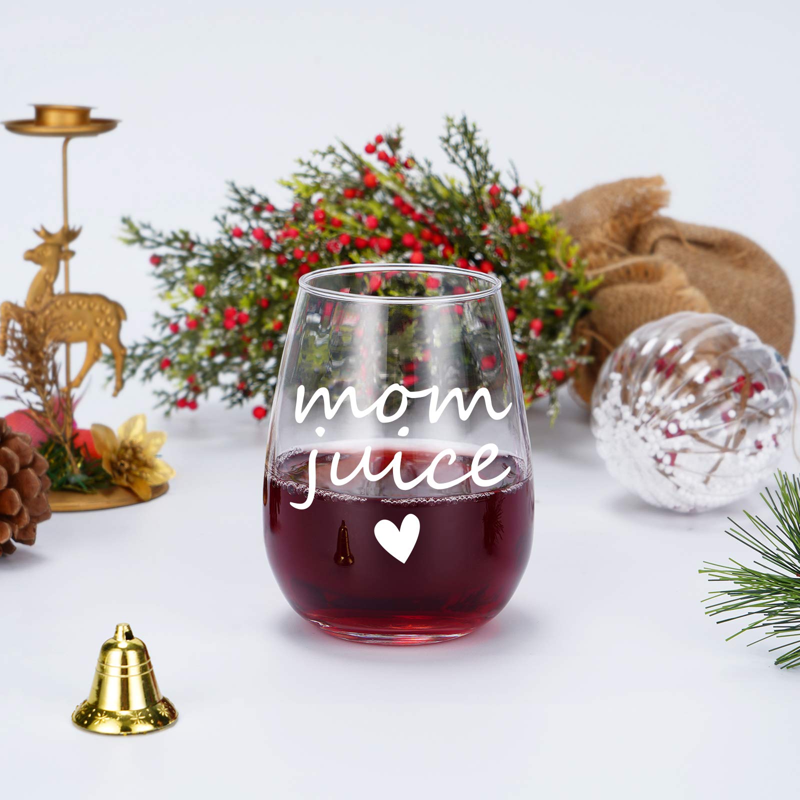 Mom Juice Stemless Wine Glass, Mom Gifts for Mom New Mom Women Wife Mom to Be Friends Birthday Christmas Mother's Day Valentine’s Day from Daughter Son, Funny 15Oz Mom Wine Glass