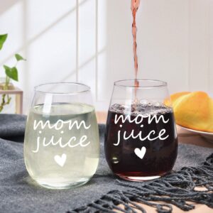 Mom Juice Stemless Wine Glass, Mom Gifts for Mom New Mom Women Wife Mom to Be Friends Birthday Christmas Mother's Day Valentine’s Day from Daughter Son, Funny 15Oz Mom Wine Glass