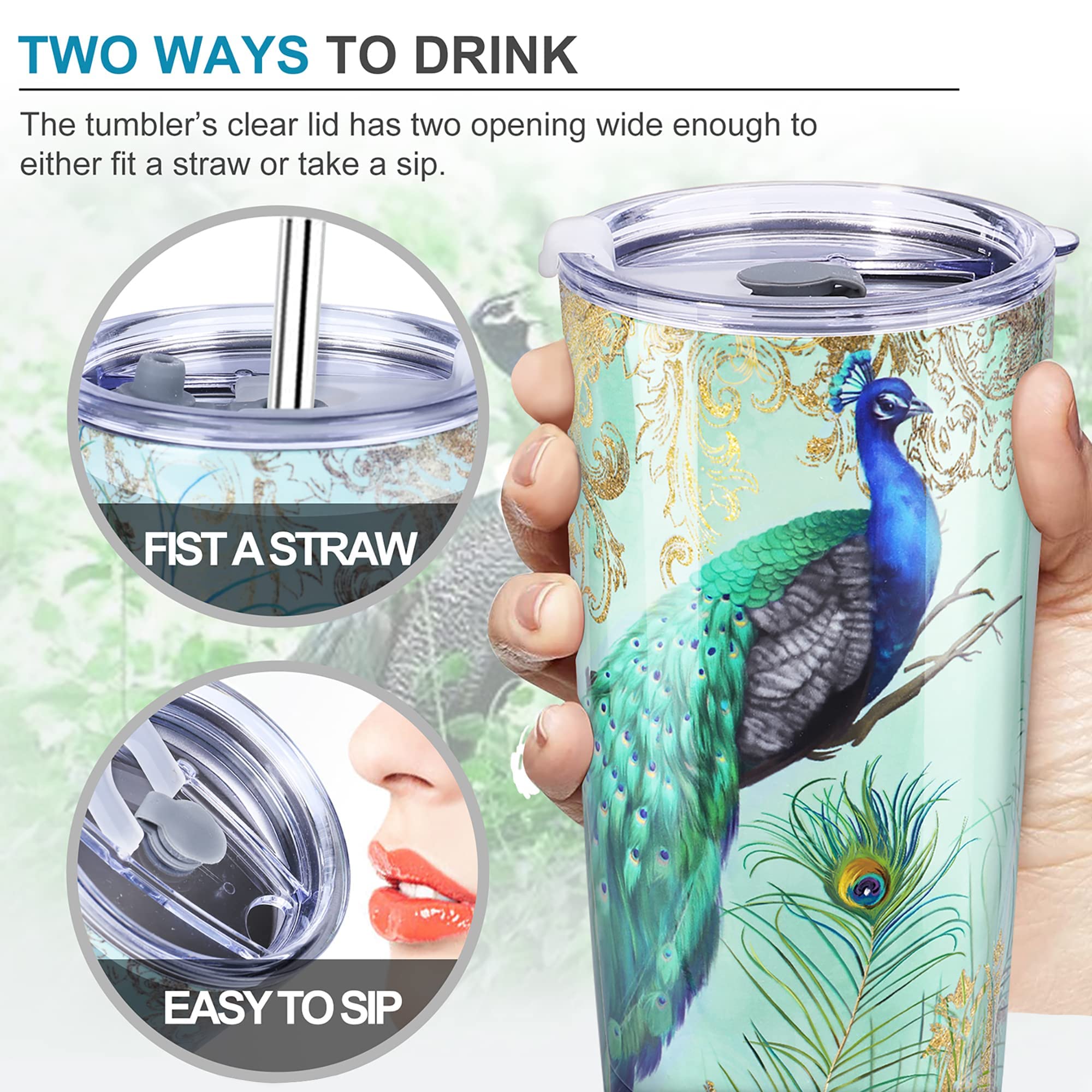 NymphFable 20oz Peacock Mug Tumbler with Straw and Lid Stainless Steel Insulated Travel Mug Double Wall