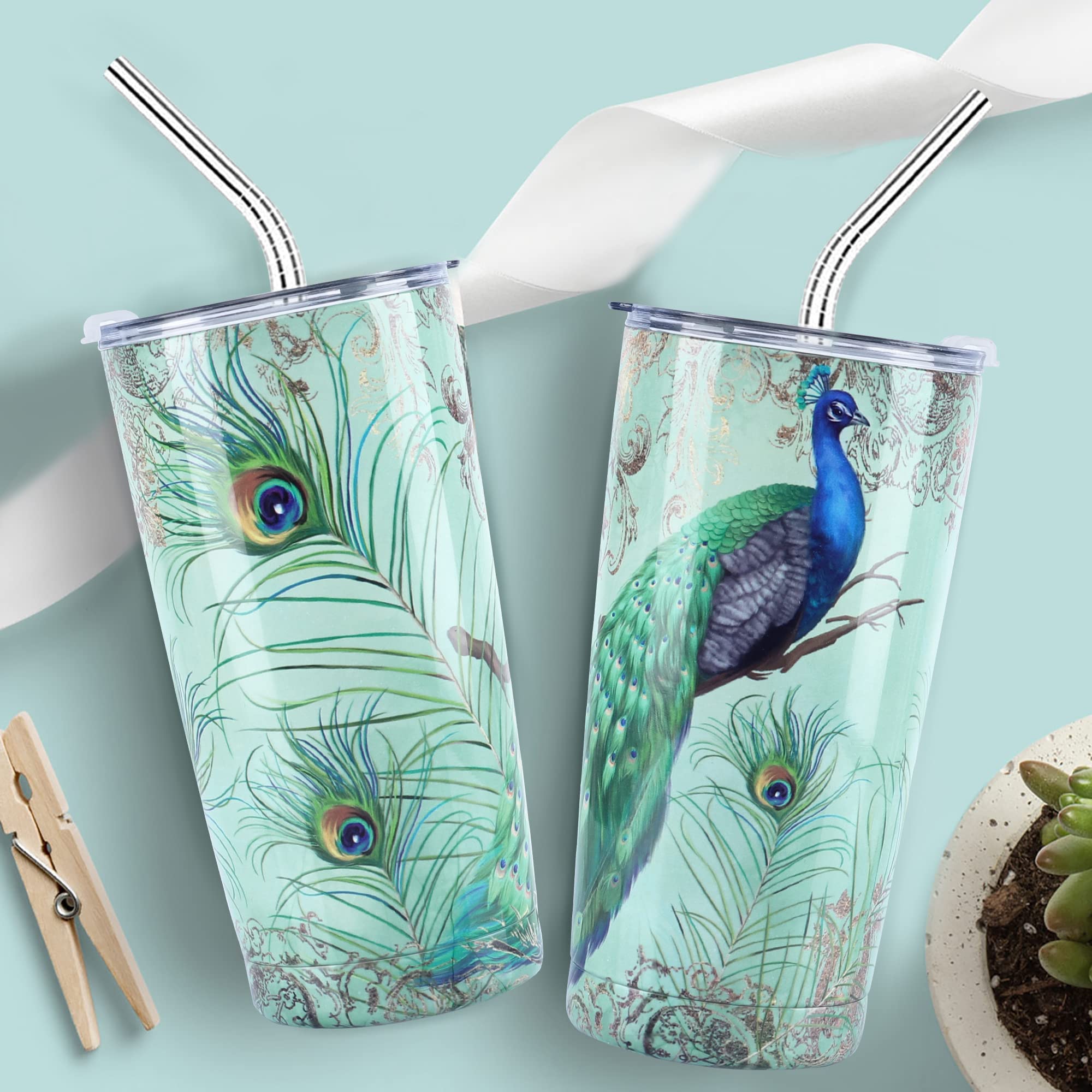 NymphFable 20oz Peacock Mug Tumbler with Straw and Lid Stainless Steel Insulated Travel Mug Double Wall