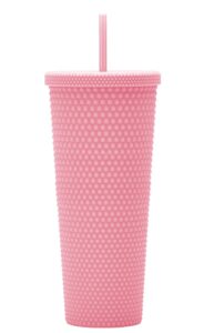 essasea 24oz fully studded tumbler.matte pink studded tumbler with lid and straw.reusable double walled insulated travel tumbler.plastic acrylic pastel colored tumbler cup for iced coffee smoothie.