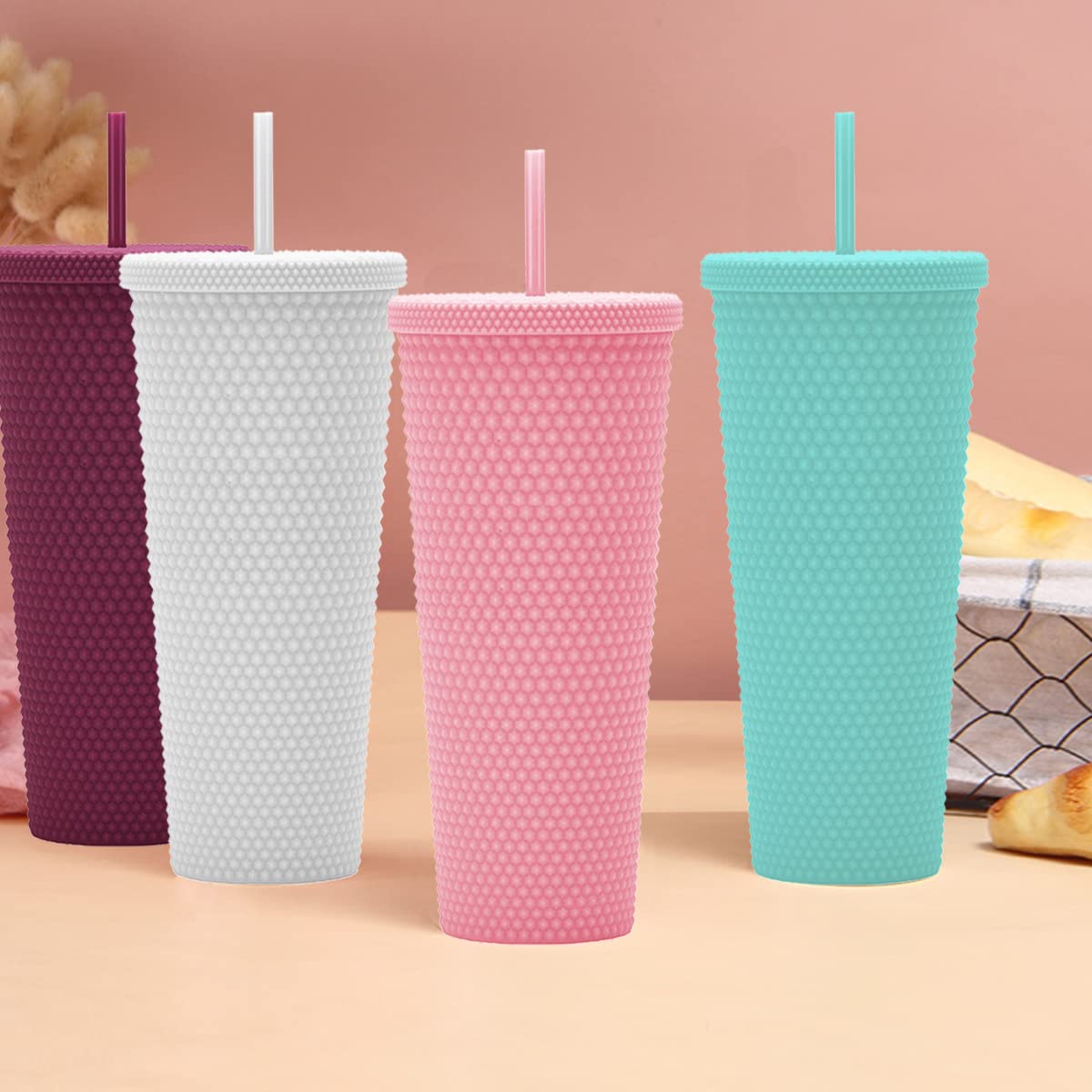 Essasea 24oz Fully Studded Tumbler.Matte Pink Studded Tumbler with Lid and Straw.Reusable Double Walled Insulated Travel Tumbler.Plastic Acrylic Pastel Colored Tumbler Cup for Iced Coffee Smoothie.