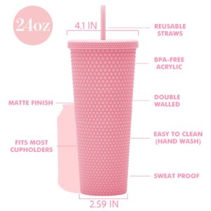 Essasea 24oz Fully Studded Tumbler.Matte Pink Studded Tumbler with Lid and Straw.Reusable Double Walled Insulated Travel Tumbler.Plastic Acrylic Pastel Colored Tumbler Cup for Iced Coffee Smoothie.