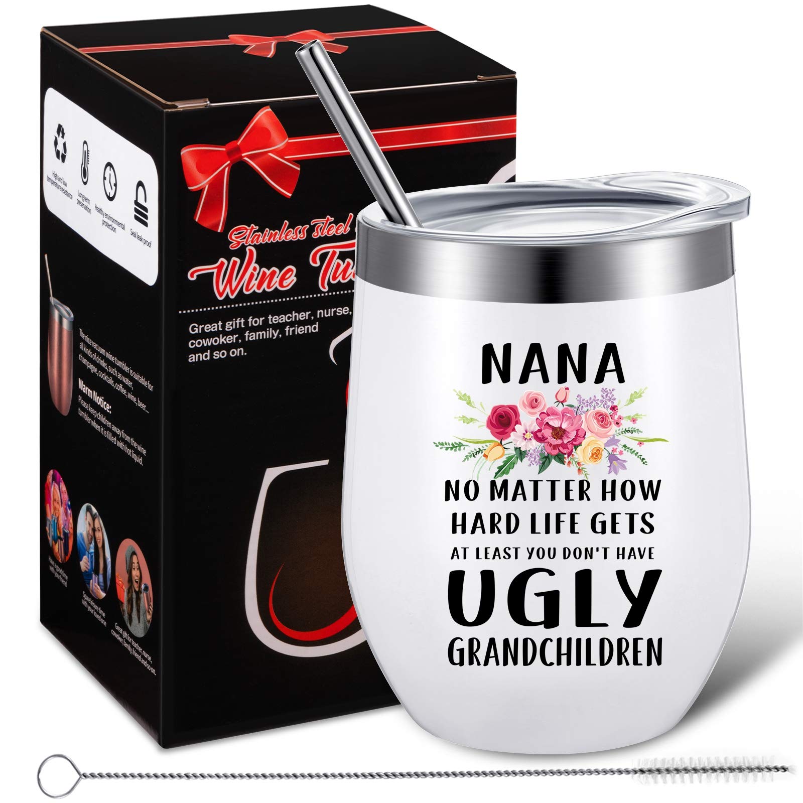 Nana Gift, Nana At Least You Don’t Have Ugly Grandchildren, Birthday Mother's Day Gift from Grandkids, Granddaughter or Grandson, Gift Idea for Grandmother, 12 oz Wine Tumbler with Gift Box (White)