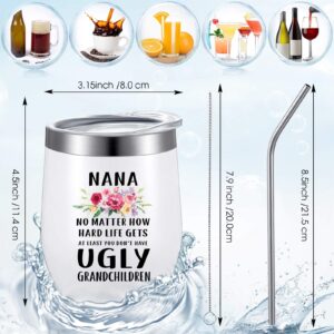 Nana Gift, Nana At Least You Don’t Have Ugly Grandchildren, Birthday Mother's Day Gift from Grandkids, Granddaughter or Grandson, Gift Idea for Grandmother, 12 oz Wine Tumbler with Gift Box (White)