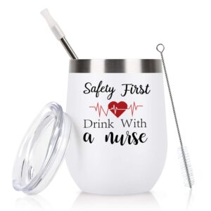 gingprous safety first drink with a nurse wine tumbler, nurse birthday idea for nurse new nurse doctor nurse's day, 12 oz funny stainless steel stemless wine tumbler with lid and straw, white