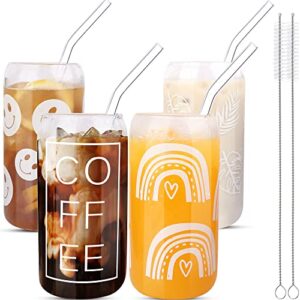 kaund 4 pcs ice coffee cup with glass straw,16oz sublimation boho printed beer can glasses,ideal for cocktails,whiskey,beer,soda and gifts - 2 cleaning brushes