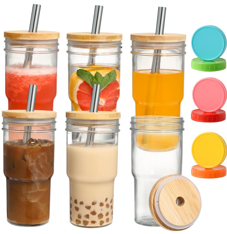 6 Pack Glass Tumbler with Lid and Straw, 24 oz Reusable Boba Smoothie Cups Iced Coffee Mason Jar Drinking Glasses for Bubble Tea, Beer.