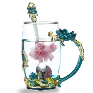 kingrol 12 oz glass tea cup with spoon, handmade coffee mug with enamel flower & butterfly, unique gift for women wedding birthday valentine's day christmas