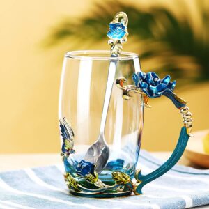 Kingrol 12 oz Glass Tea Cup with Spoon, Handmade Coffee Mug with Enamel Flower & Butterfly, Unique Gift For Women Wedding Birthday Valentine's Day Christmas