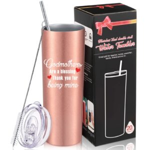 Godmother Gift Skinny Tumbler Godmothers Are a Blessing Thank You for Being Mine, Gift for Mother's Day, Birthday, Thanksgiving 20 oz Stainless Steel Water Tumbler with Straw and Brush (Rose Gold)