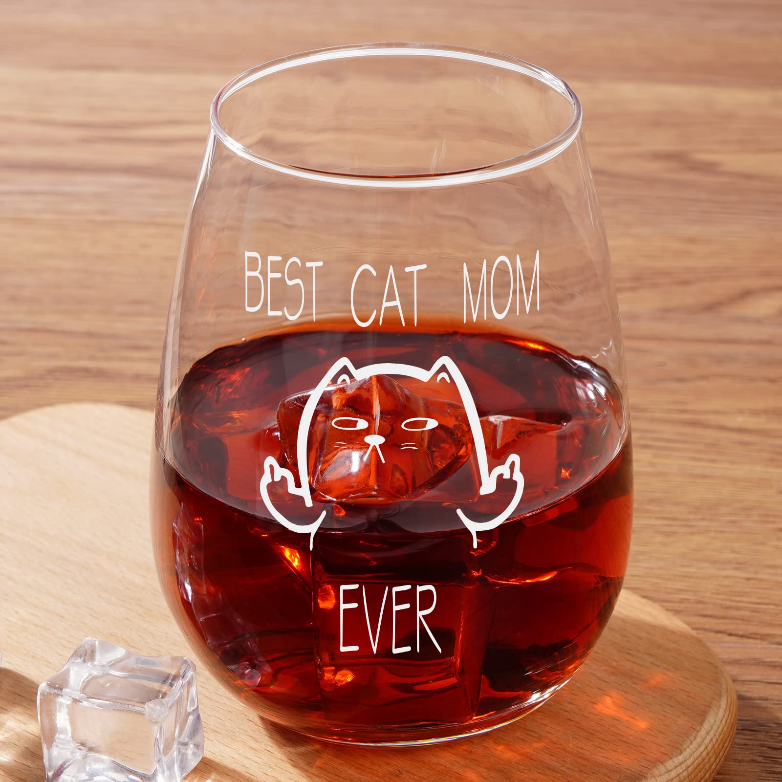 Gtmileo Best Cat Mom Ever Wine Glass - Funny Mom Stemless Wine Glass 15Oz - Mother's Day Gift for Mom New Mom Cat Mom Cat Lovers Cat Owner, Ideal Birthday Christmas Gag Gift from Kids Husband Friends