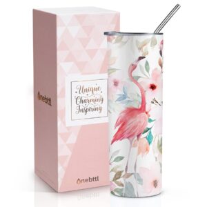 onebttl flamingo skinny tumbler gifts for women, female, her and flamingo lovers - 20oz/590ml stainless steel insulated tumbler with straw, lid, message card - (white)