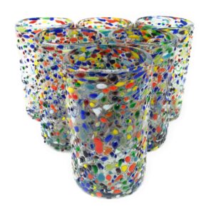 hand blown mexican drinking glasses - set of 6 confetti rock design glasses (14 oz each)