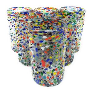 Hand Blown Mexican Drinking Glasses - Set of 6 Confetti Rock Design Glasses (14 oz each)