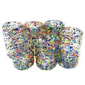 Hand Blown Mexican Drinking Glasses - Set of 6 Confetti Rock Design Glasses (14 oz each)