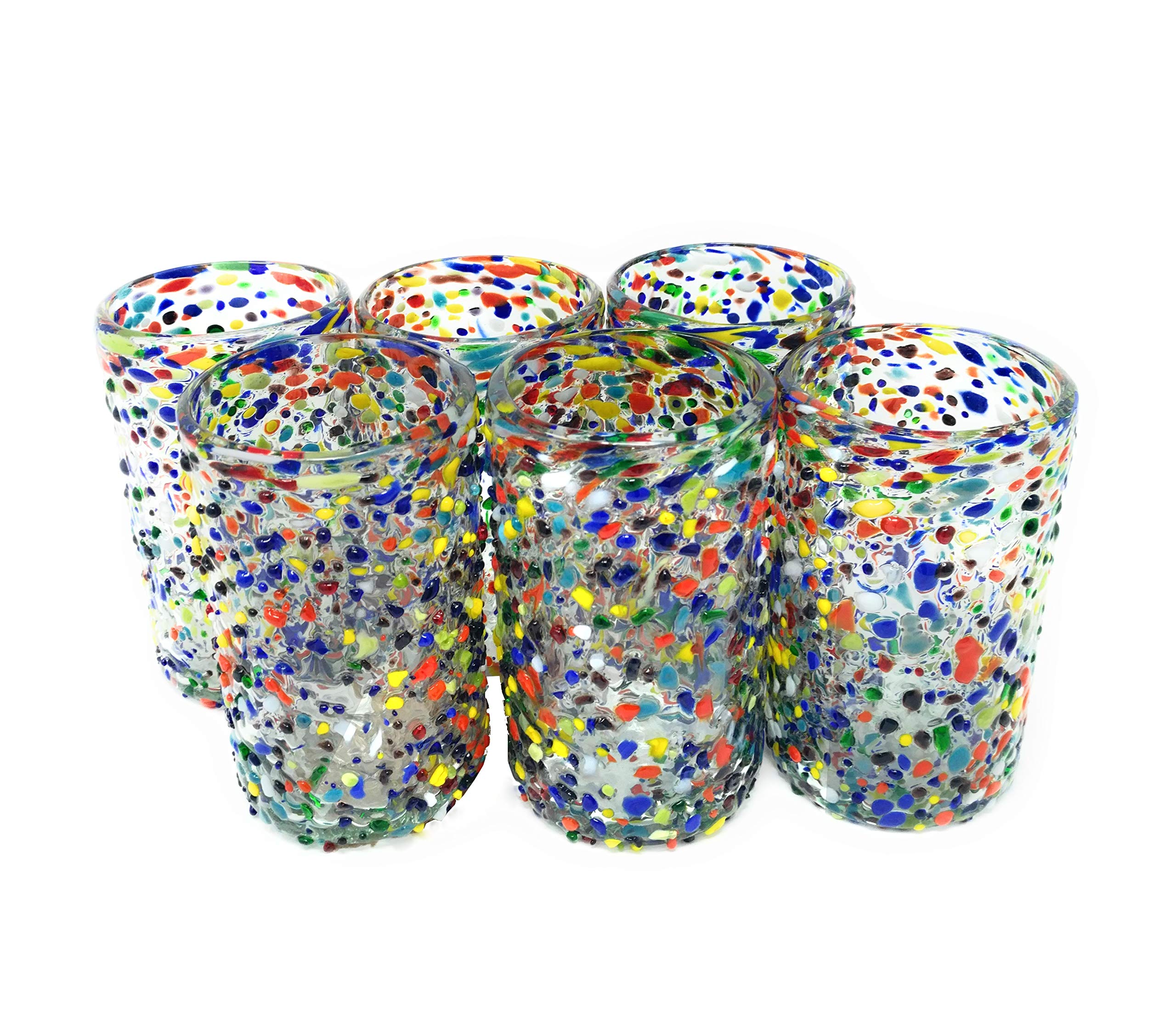 Hand Blown Mexican Drinking Glasses - Set of 6 Confetti Rock Design Glasses (14 oz each)