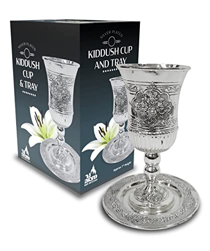 Ner Mitzvah Tall Kiddush Cup and Tray - Premium Quality Silver Plated Goblet With Stem - Shabbat and Havdalah Goblet - Judaica Shabbos and Holiday Gift