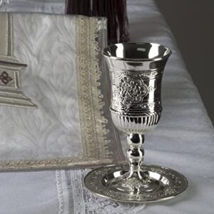 Ner Mitzvah Tall Kiddush Cup and Tray - Premium Quality Silver Plated Goblet With Stem - Shabbat and Havdalah Goblet - Judaica Shabbos and Holiday Gift