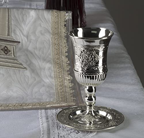 Ner Mitzvah Tall Kiddush Cup and Tray - Premium Quality Silver Plated Goblet With Stem - Shabbat and Havdalah Goblet - Judaica Shabbos and Holiday Gift