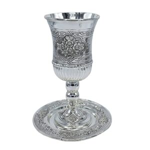 Ner Mitzvah Tall Kiddush Cup and Tray - Premium Quality Silver Plated Goblet With Stem - Shabbat and Havdalah Goblet - Judaica Shabbos and Holiday Gift