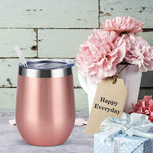 6 Pack Stainless Steel Wine Tumblers, 12Oz Insulated Wine Tumbler, Double Wall Insulated Wine Glass, Stainless Steel Stemless Wine Cups with Lids for Coffee, Wine, Cocktails, Champaign, Rose Gold…